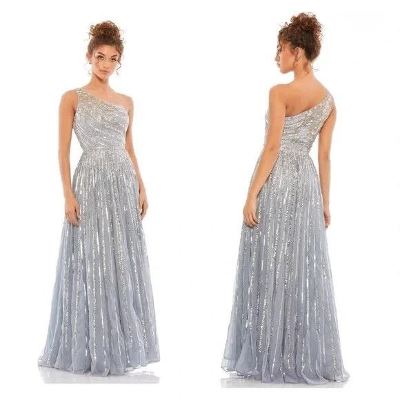 MAC DUGGAL Silver Embellished‎ One Shoulder A-Line Gown 5220 SZ 8 NWT $598 - Picture 1 of 8